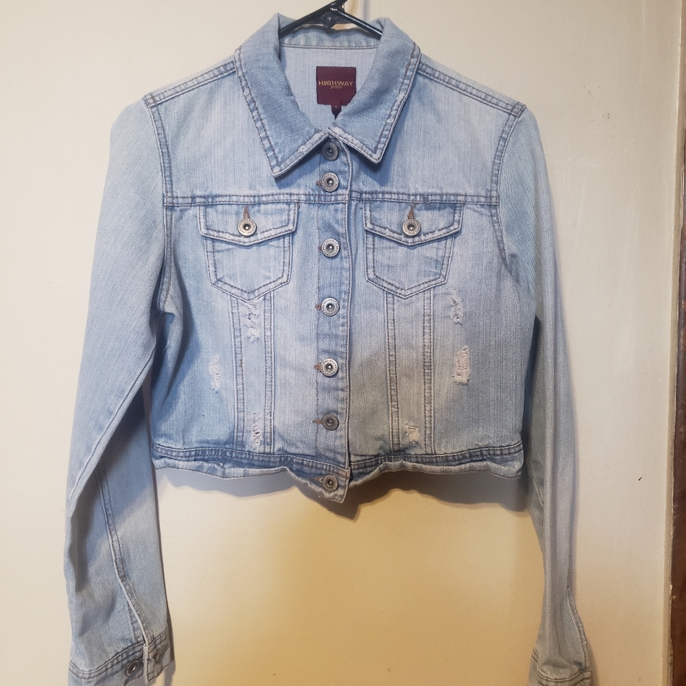 Womens Highway Jeans Cropped Distressed Denim Jean Jacket Sz M